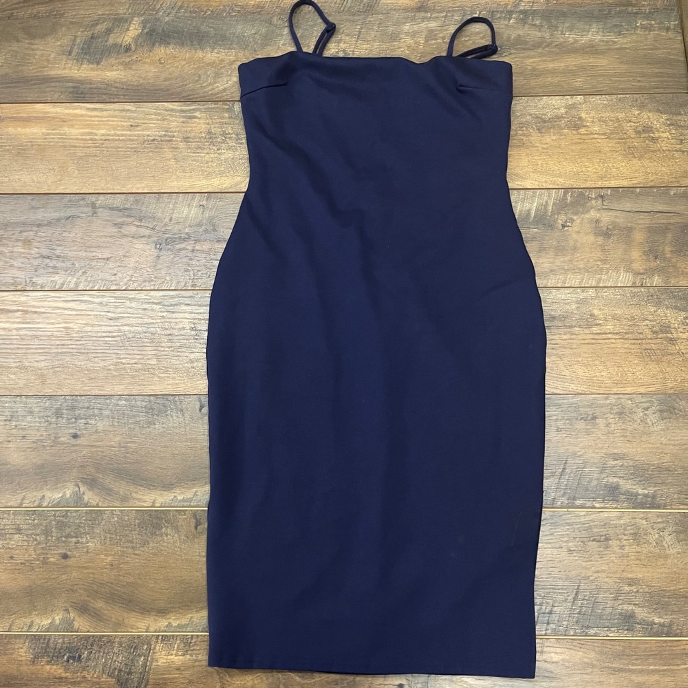 Lulus Navy Blue Sheath Midi Dress XL Gold Zipper Adjustable Straps Side Slit